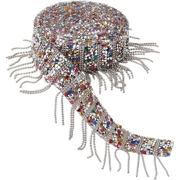 2 Yards Self Adhesive Sparkling Rhinestone Ribbon 46mm Wide Silver Tassel Ribbon Diamond Rhinestone Strips for DIY Clothes Crafts DIY Party Decoration