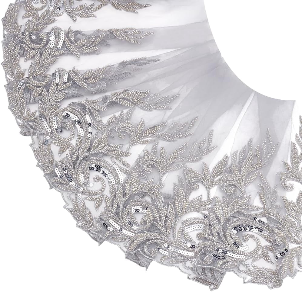 2 Yards Silvery 3D Lace Applique Width 13.6 Inch Floral Lace Rhinestone Beaded Sewing Fabric Applique Decor for DIY Sewing Clothing Flowers Applique Embroidery Patches Fabric for Wedding Dress
