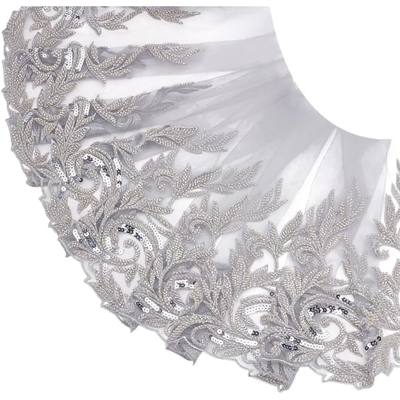 2 Yards Silvery 3D Lace Applique Width 13.6 Inch Floral Lace Rhinestone Beaded Sewing Fabric Applique Decor for DIY Sewing Clothing Flowers Applique Embroidery Patches Fabric for Wedding Dress