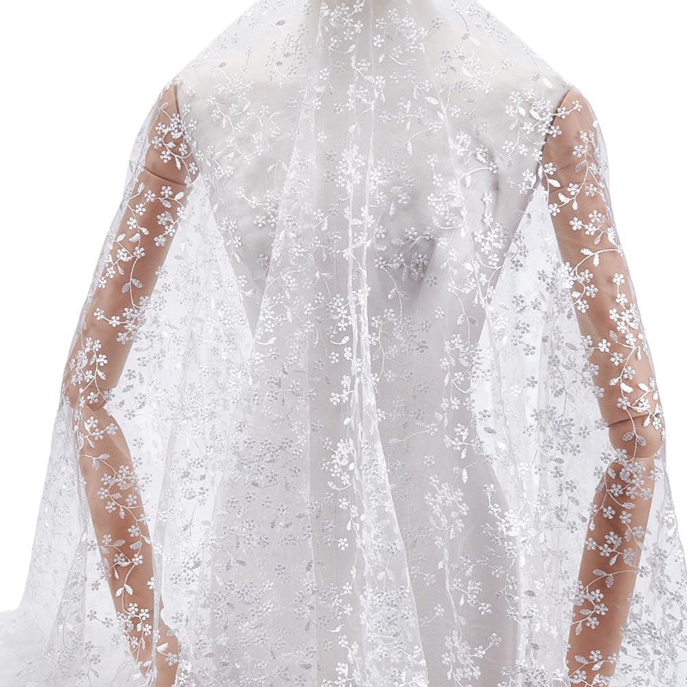 2 Yards White Flower Branch Embroidered Lace Fabric 59inch Floral Leaf Mesh Lace Trim Wedding Accessories Tulle for DIY Wedding Dresses Half Skirt Dress Curtains Background