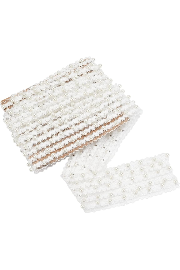 2 Yards x 2" Lace Edge Trim Ribbon White Edging Trimmings Fabric with Imitation Pearl Beads Mesh Pearl Wrap Ribbon for Wedding Decorations Headbands Sewing DIY Making Crafts White