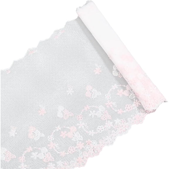 2 Yards x 7.9 Inch Lace Trim Ribbon Pink Floral Cherry Motif Embroidered Lace Ribbon Sheer Mesh Scalloped Edge Polyester Fabric