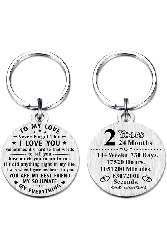 2 Year Anniversary Keychain Gifts, Steel Engraved 2nd Wedding Anniversary Keepsake, Happy Two Year Anniversary for Men Women Boyfriend Husband