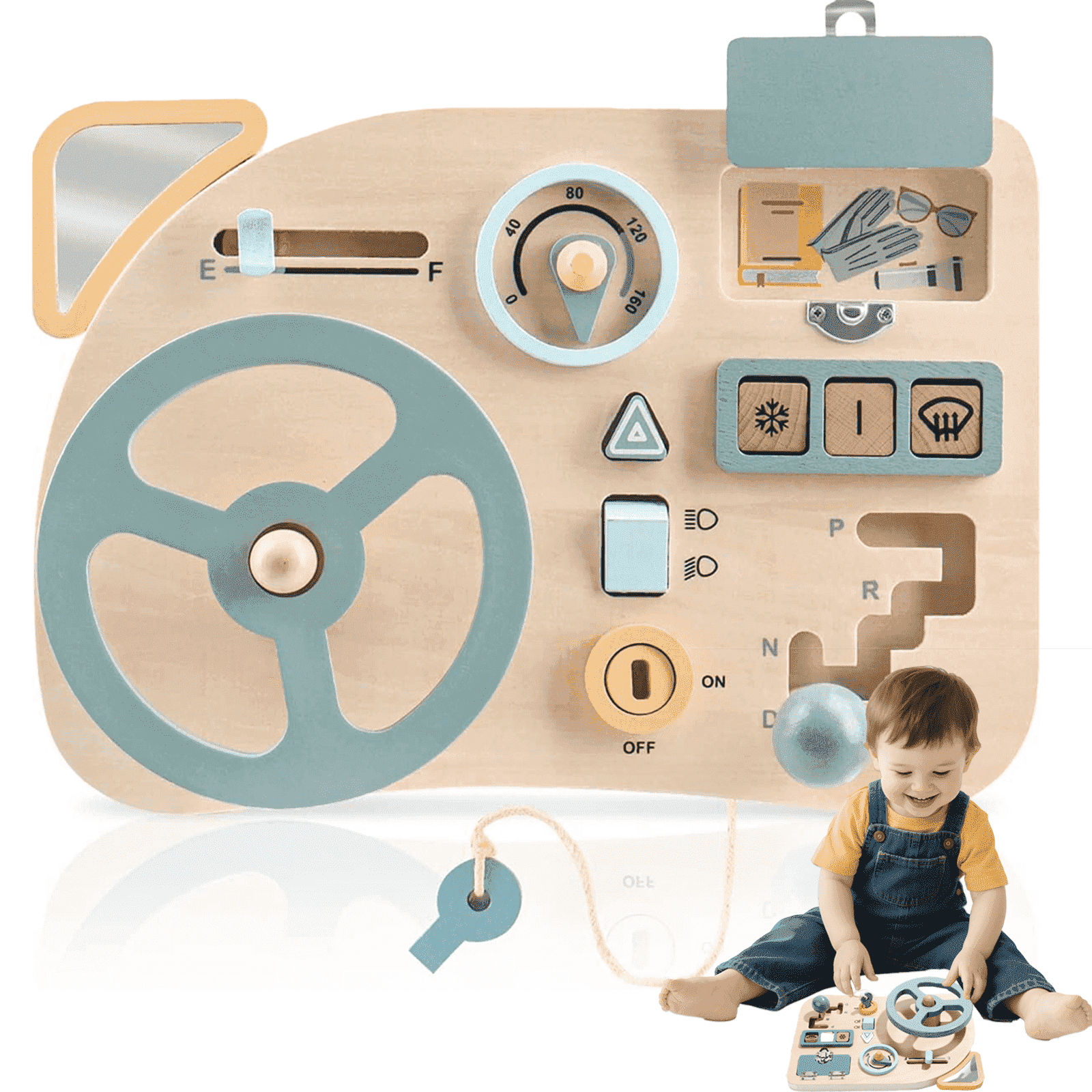 Busy Board for 1 Year Old, Montessori Learning Toys, Wooden Car Steering Wheel Travel Toddler Toy, Aesthetic Sensory Activity Board for Fine Motor Skills for Boy