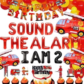 2-Year-Old Firefighter Birthday Party Balloon Decoration Set - Fire Truck Theme Balloon Banner and Flag Set