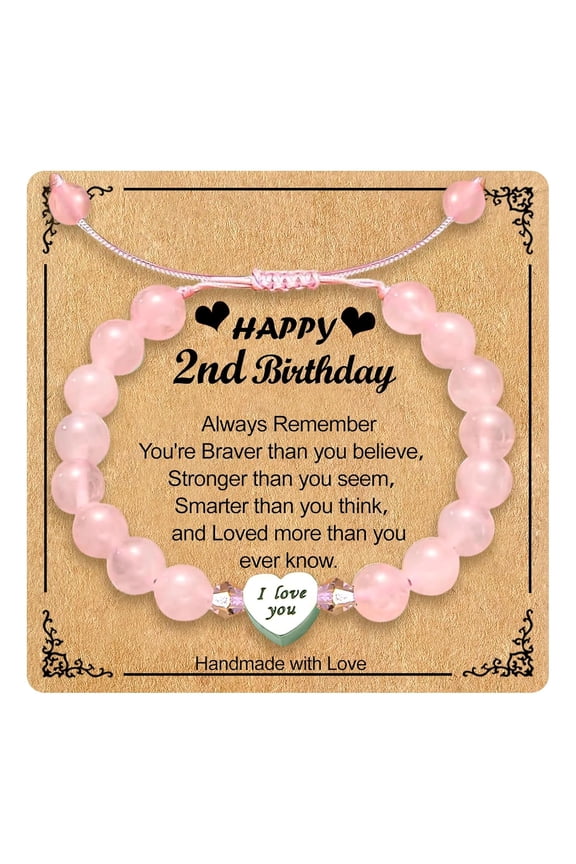 2 Year Old Girl Birthday Gift,Rose Quartz Healing Bracelet as Gifts for 2 Year Old Girls Granddaughter Daughter,Handmade Love Heart Pink Beads Bracelets for Two Year Old Girl Birthday Christmas Gifts