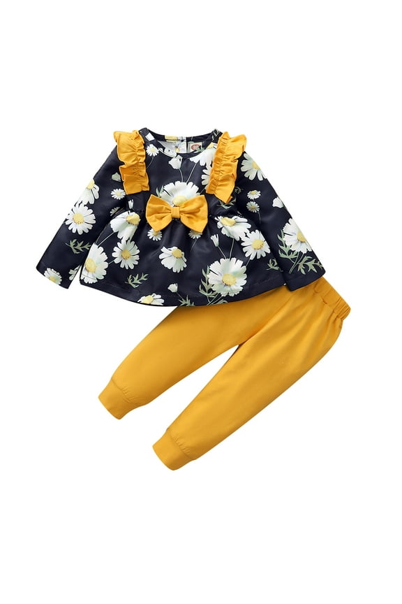 2 Years Baby Girls Fall Winter Outfits Pants Sets 3 Years Baby Girls Daisy Print Ruffle Bow Tops Elastic Casual Trousers 2Pcs Clothing From 12M-4Y Blue
