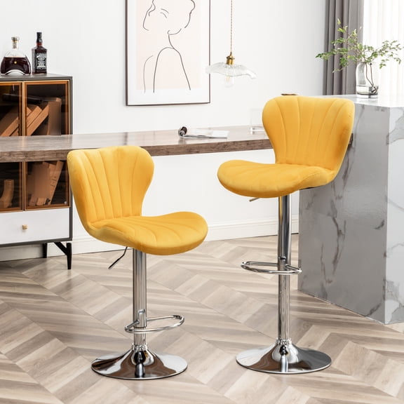 2 Yellow Upholstered Swivel - Soft Velvet Upholstery, Thick Foam Padding, 360 Degree Rotation, Adjustable Height With Gas Lift, Comfortable Footrest, Stylish Finish Of 2, Vertical Line Decoration,