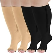 Open Toe Compression Socks, PUTUO Compression Socks for Women and Men, Plus Size Circulation Wide Calf Compression Socks for Women, 20-30 mmhg Pressure Support Zipper Stockings, 2 Pairs