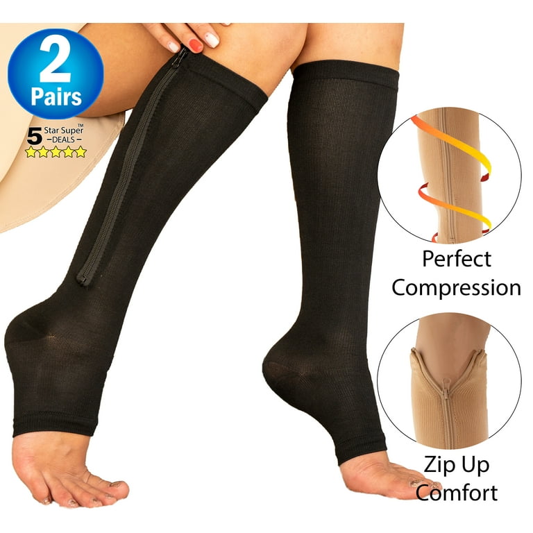 2 Zipper Pressure Compression Socks Support Stockings Leg - Open Toe Knee  High - 20-30mmHg - Helps Circulation, Varicose Veins, Swollen Legs, Zipper  
