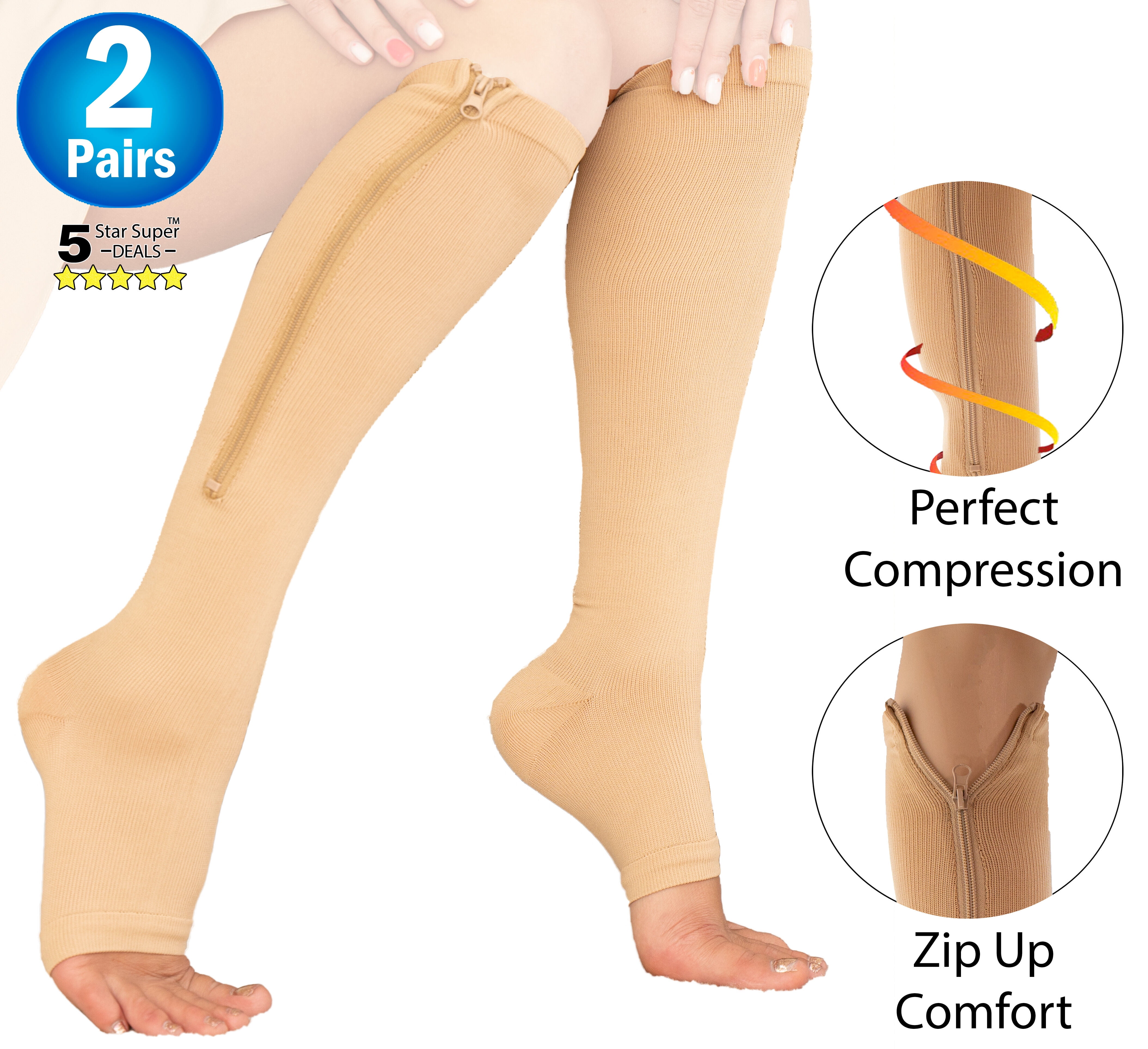 2 Zipper Pressure Compression Socks Support Stockings Leg - Open Toe Knee  High - 20-30mmHg - Helps Circulation, Varicose Veins, Swollen Legs, Zipper  