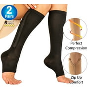 2 Zipper Pressure Compression Socks Support Stockings Leg - Open Toe Knee High - 20-30mmHg - Helps Circulation, Varicose Veins, Swollen Legs, Zipper - Black Regular Size (2 Pairs)