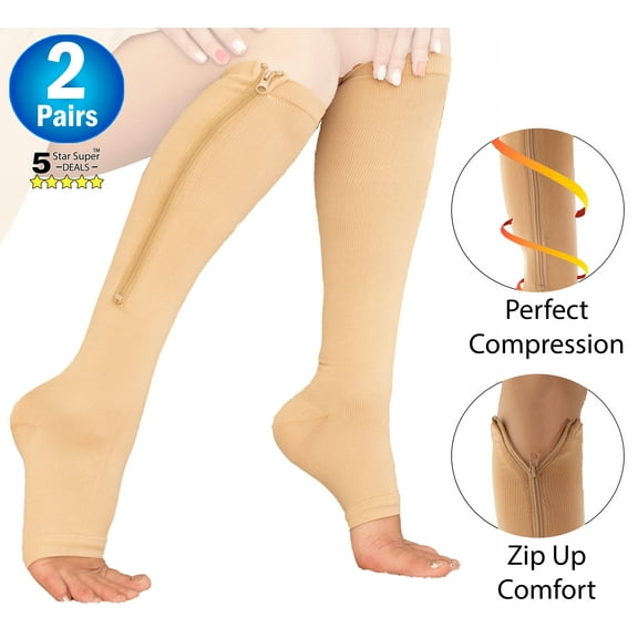 2 Zipper Pressure Compression Socks Support Stockings Leg - Open Toe Knee High - 20-30mmHg - Helps Circulation, Varicose Veins, Swollen Legs, Zipper - Nude X-Large Size (2 Pairs)