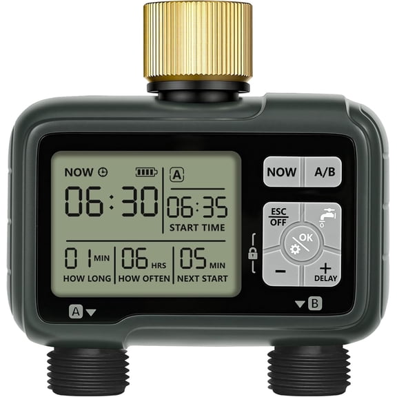 2 Zone Brass Sprinkler Timer, Garden Hose Timer, Automatic Irrigation System, Programmable Faucet, 2 Outlets, with Rain Delay, Manual Mode,Child Lock, for Yard, Garden, Lawn, Green E12WT06