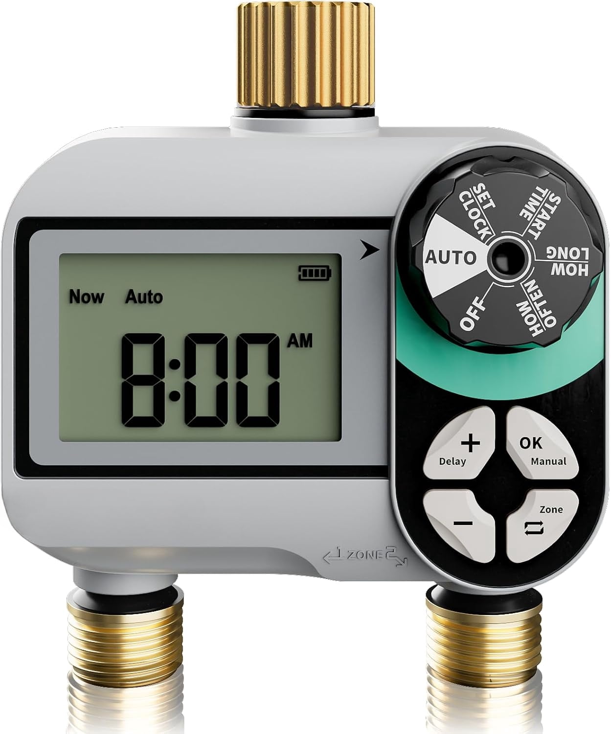 Rainpoint 2-Zone Garden Hose Timer - Programmable Sprinkler Timer With Rain Delay, Brass Swivel Connector
