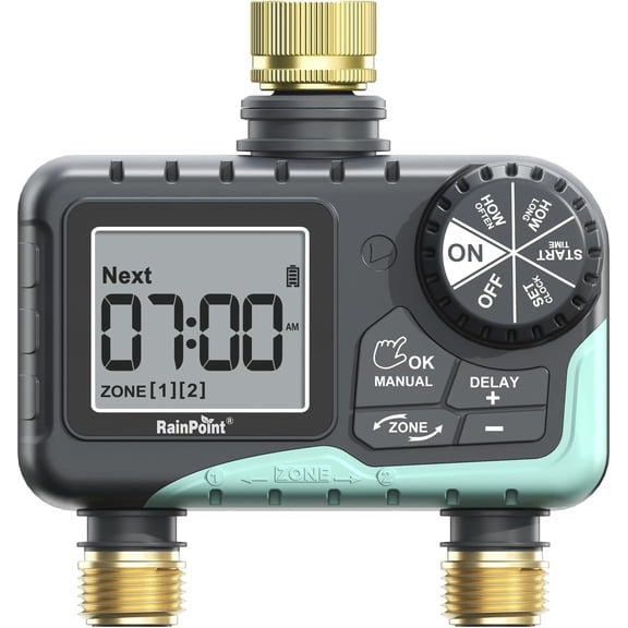 2 Zone Sprinkler Timer with Brass Inlet and Outlet, Rain Delay, Manual Watering, Automatic Irrigation Controller for Garden Hose (Blue)