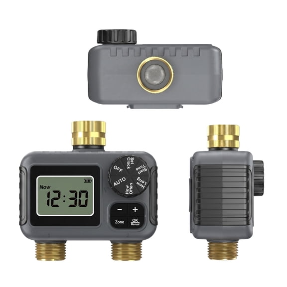 2-Zone Water Timer Brass Inlet/Outlet, Programmable Outdoor Hose Faucet Timers with Auto/Manual Modes + Rain Delay, Waterproof Sprinkler Timer for Garden, Lawn, Yard, Pool | Save Water & Money