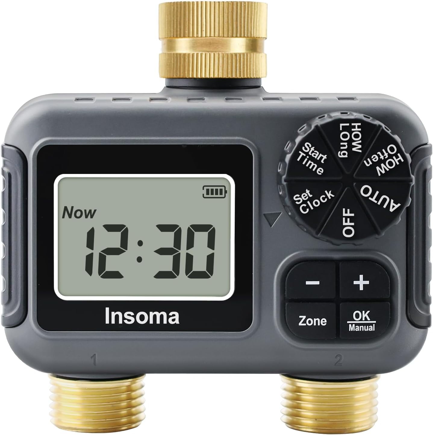 2-Zone Water Timer Brass Inlet/Outlet, Programmable Outdoor Hose Faucet ...