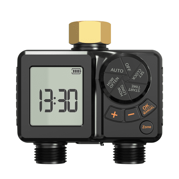 2-Zone Water Timer, Programmable Garden Hose Timer with Rain Delay, USB-C Rechargeable Sprinkler Timer with Large LCD Screen, IPX6 Irrigation Timer for Lawn, Yard, Drip Irrigation