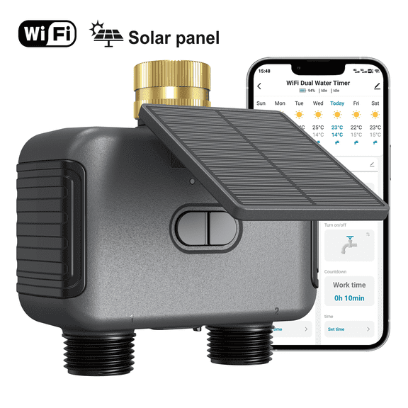 2-Zone Water Timer, Solar WiFi Water Timer for Garden Hose APP Controlled Automatic Irrigation Controller, Rain Delay & Manual Override, USB-C Charging, Outdoor Faucet Timer