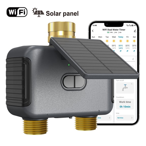 2-Zone Water Timer, Solar WiFi Water Timer for Garden Hose, Brass Inlet & Outlet, APP Controlled Automatic Irrigation Controller, Rain Delay & Manual Override, USB-C Charging, Outdoor Faucet Timer