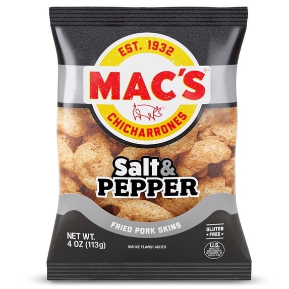 2 bags Mac's Salt and Pepper Chicharrones Pork Rinds, Pork Skins, 4 oz Bag