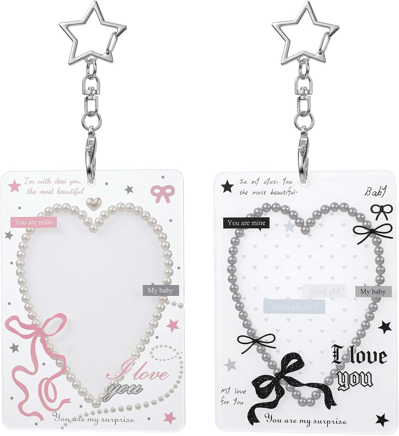 2 bow tie photo card holders with metal chain, transparent 2 charm badge clips, cute acrylic photo card protectors, with star pendant, for idol card albums