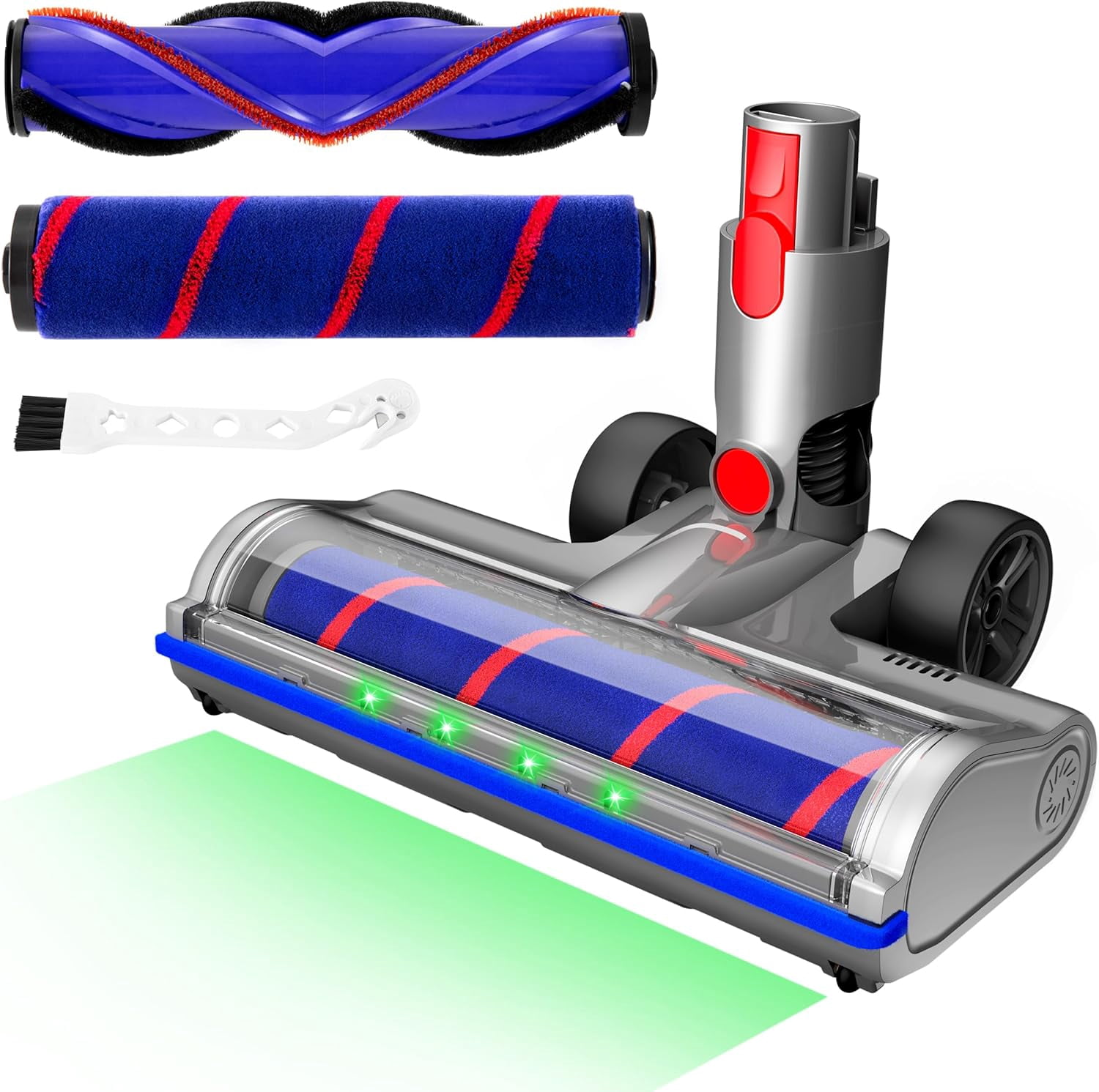 2 brush vacuum cleaner heads with four green LED lights, compatible with V7/V8/V10/V11/V15, quick release electric brush roller, suitable for anti tangling on hard floors and fluffy carpets