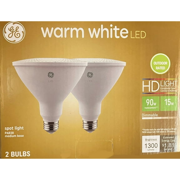 (2 bulbs) GE 48481 warm white LED PAR38 Spot Light, Outdoor Rated, 15 watt, 1300 lumen, HD Light, medium base, 3000K Warm White