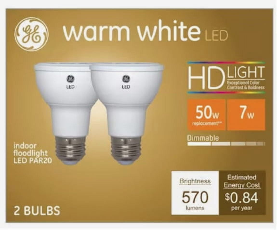 (2 bulbs) GE Lighting 45500 warm white LED PAR20 indoor floodlight, 50 watt replacement using only 7 watts, 570 lumens, Exceptional Color Contrast and Boldness, Dimmable