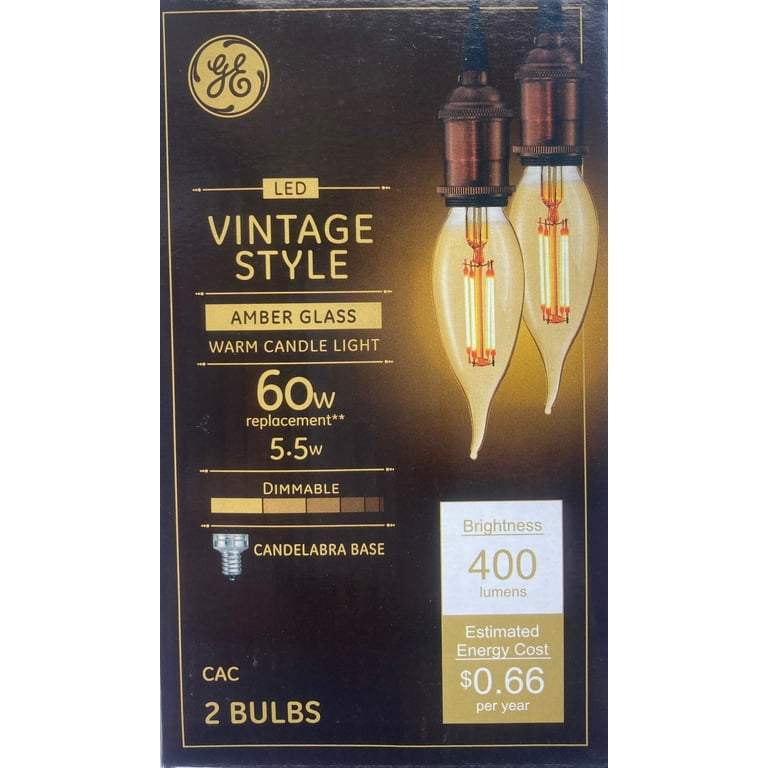 2 bulbs) GE Vintage Amber Glass LED Chandelier Bulb, Candelabra 