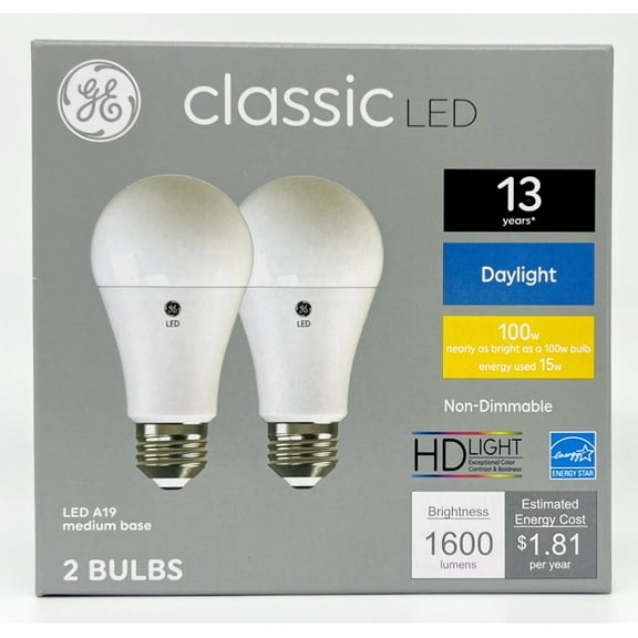 (2 bulbs) GE classic LED A19 Daylight Bulbs, 15 watts, 1600 Lumens , HD Light, Exceptional color contrast and brightness, 100 watt equivalent, LED light bulb