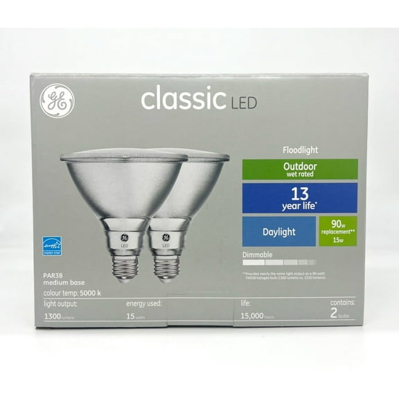 (2 bulbs) GE classic LED PAR38 Floodlight, 15 watts, 1300 Lumens, Outdoor Wet rated, Daylight 5000K, Dimmable, Medium base, LED floodlight (90 watt replacement)