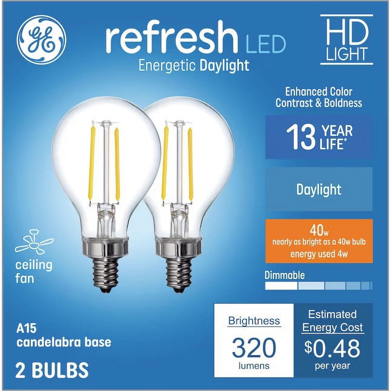 GE Lighting LED 4W 5000K Cool White Candelabra base Ceiling Fan Light Bulb, Dimmable (2 Pack)