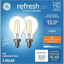 (2 bulbs) GE refresh LED A15 Ceiling Fan Light Bulb, Candelabra base, 40 watt equivalent using only 4 watts, 320 lumens, HD Light for exceptional contrast and boldess, 5000K Cool White Light Bulb