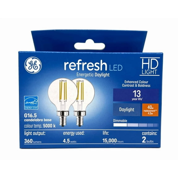 (2 bulbs) GE refresh LED G16.5, Candelabra Base, 4.5 watt, 360 lumen, Dimmable, Daylight, Clear, HD Light Enhanced Color, LED Light Bulb