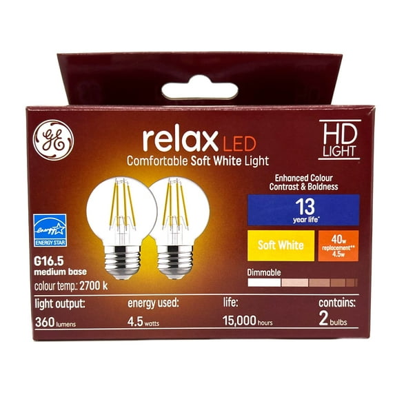 (2 bulbs) GE relax LED G16.5 Light Bulb, 4.5 watts, 360 lumens, Dimmable, Soft White 2700K, Medium Base, 40 watt equivalent, LED Globe G16.5