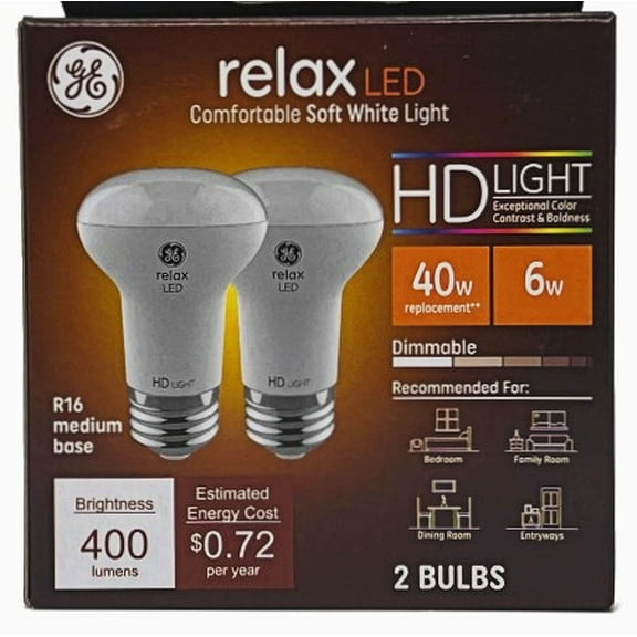 (2 bulbs) GE relax LED R16 Light Bulb, 6 watt, 400 lumens, Dimmable, HD Light, exceptional contrast and brightness, comfortable soft white light, 2700K
