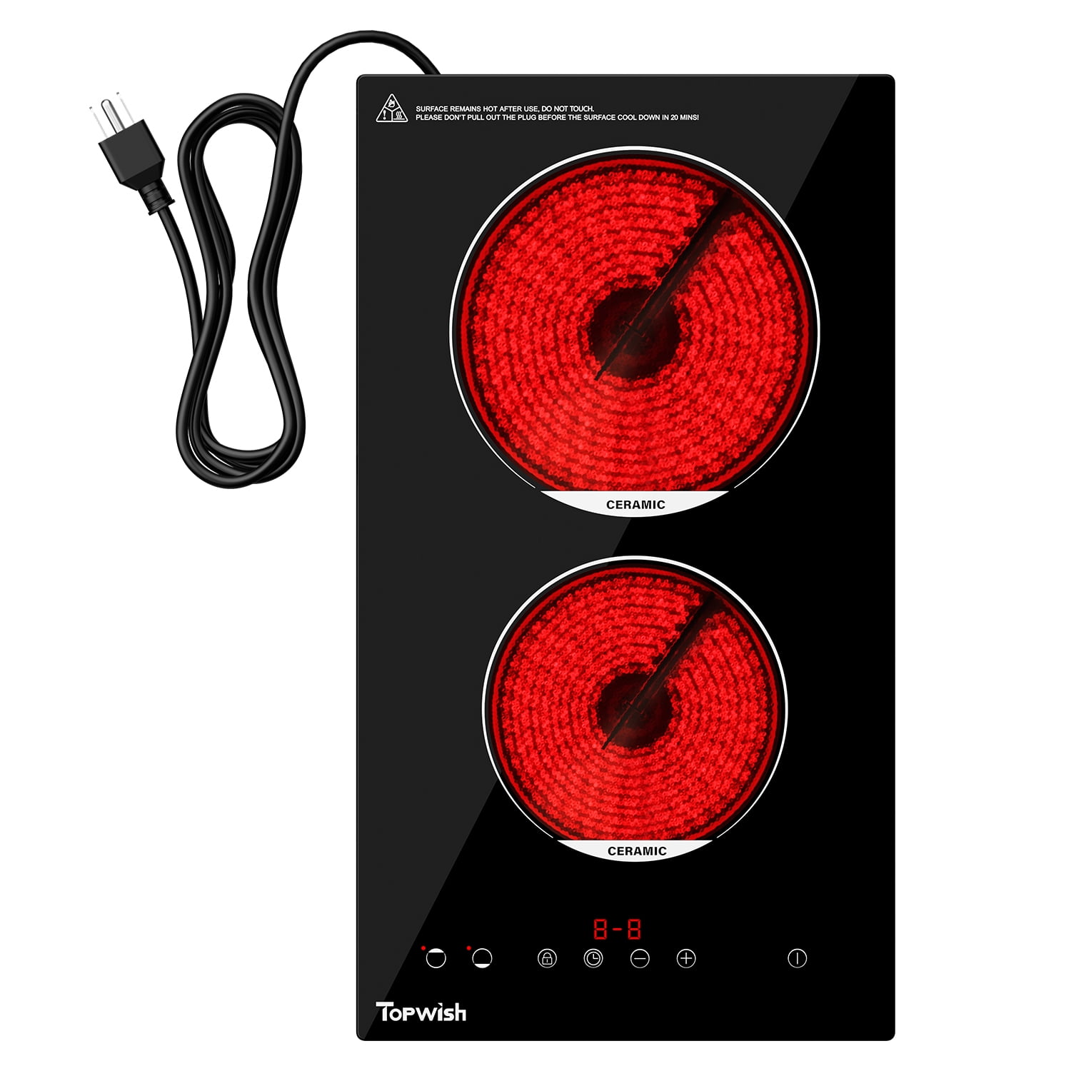 TOPWISH 12" 2-Burner Electric Cooktop, Built-In Ceramic Stove Top, 1800W, 110–120V Plug-In, Touch Control, 9 Power Levels, Timer, Child Lock & Overheat Protection