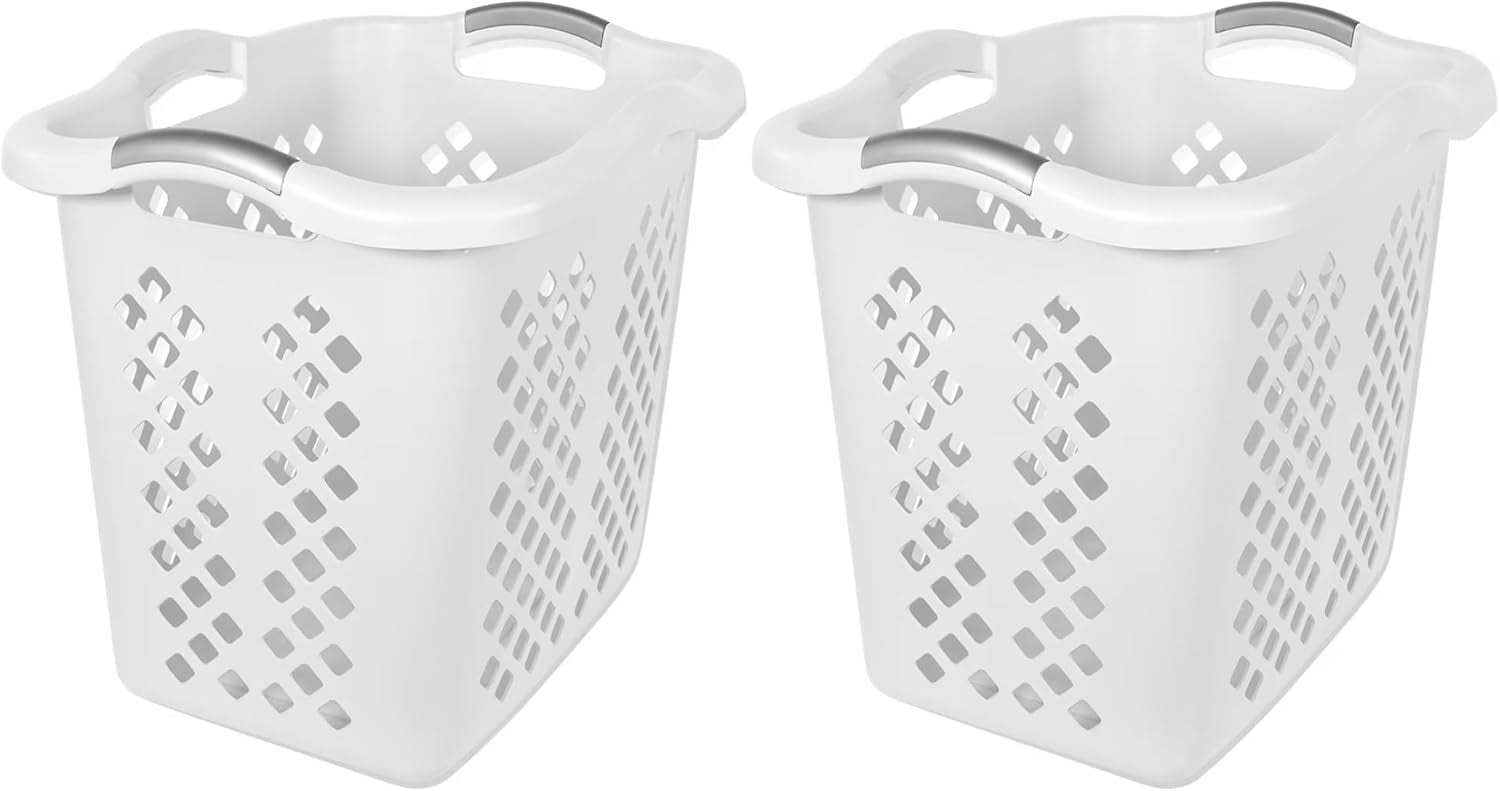 2-bushel capacity laundry baskets with silver handles, white, 2-PACK