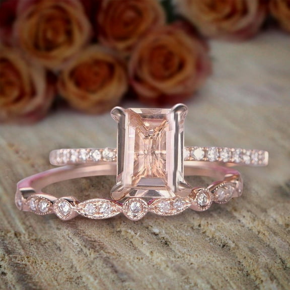 2 carat 7x5mm emerald Cut Morganite and Diamond Moissanite Bridal Set Engagement Ring on Sale with 18k Gold Plating