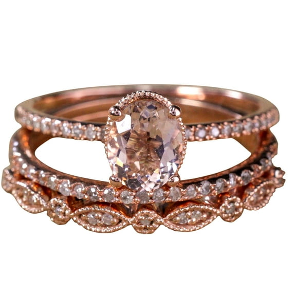2 carat Antique Design Oval Shape Real Morganite & Man made diamond moissanite Trio Ring Set with 18k Gold Plating