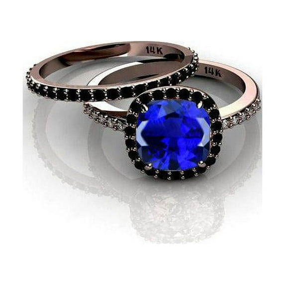 2 carat Blue Sapphire and Black diamond Halo Bridal Set in 10k Rose Gold: On Limited Time Sale Under Dollar 400