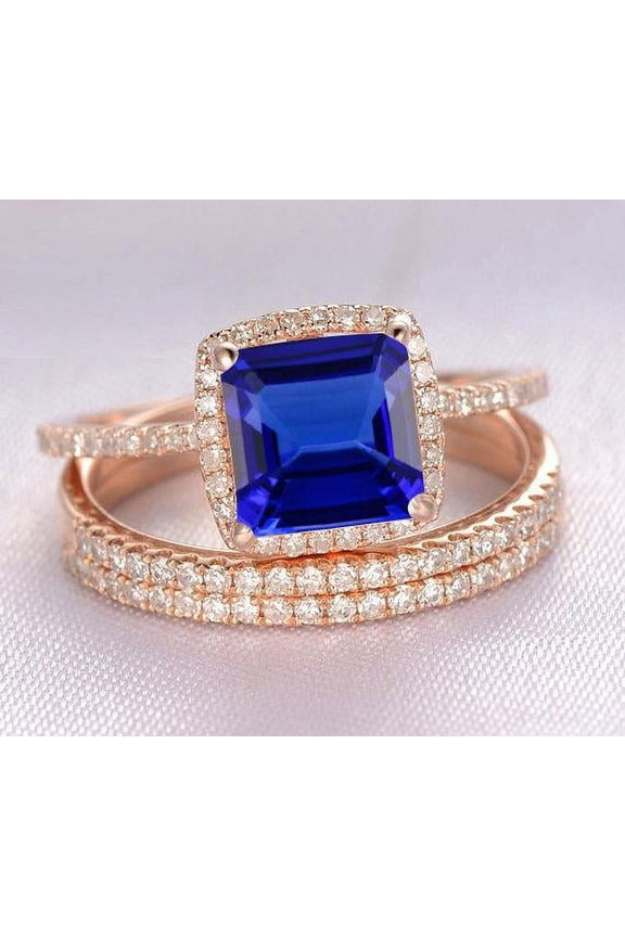 2 carat Blue Sapphire and diamond Halo trio wedding ring Bridal Set in 10k Rose Gold: On Limited Time Sale Under Dollar 800