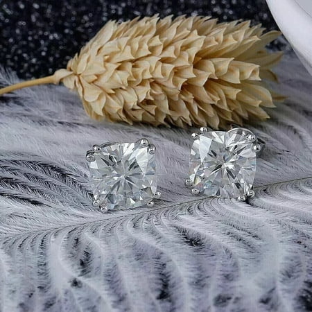 2 carat Cushion Cut Solitaire simulated Diamond Stud Earrings for Women's 14K White Gold Finish Silver