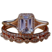 2 carat Emerald cut Morganite Diamond Trio Ring Set 10k Rose Gold, 1 Engagement Ring 2 Wedding Bands