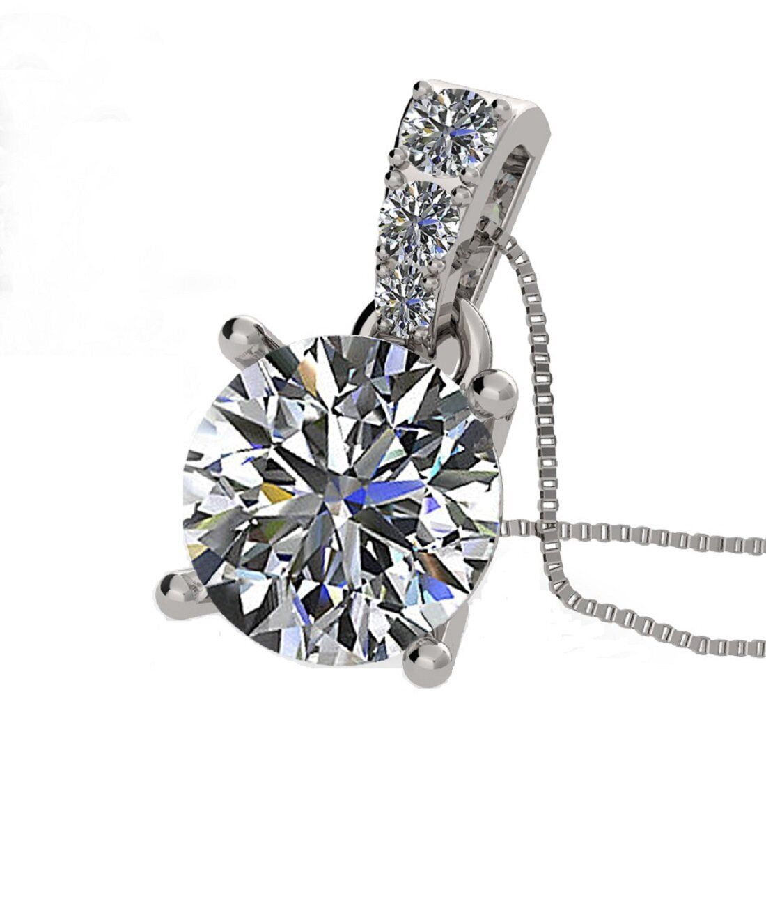 2 carat Moissanite Solitaire Pendant Sterling Silver 22” Adjustable Chain-8.0mm-Platinum Plated