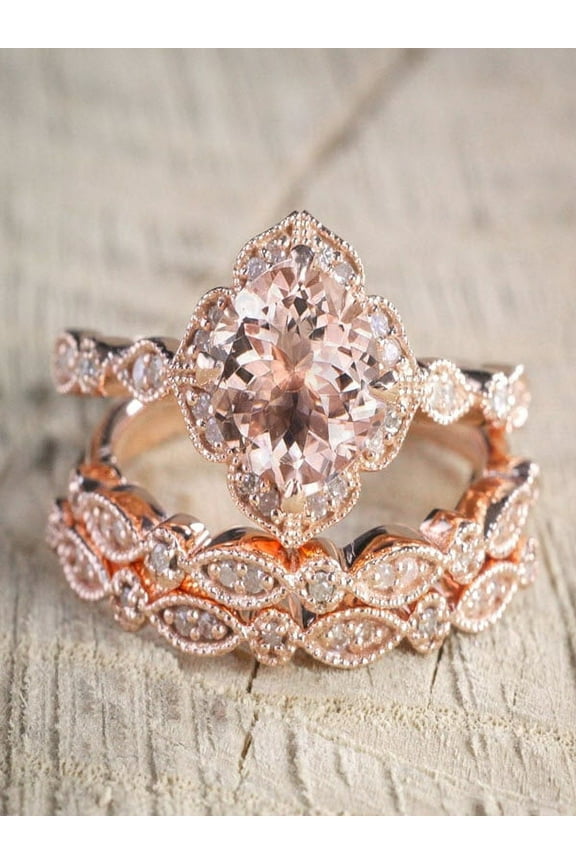 2 carat Morganite and Diamond Trio Wedding Bridal Ring Set in 10k Rose Gold with One Engagement Ring and 2 Wedding Bands