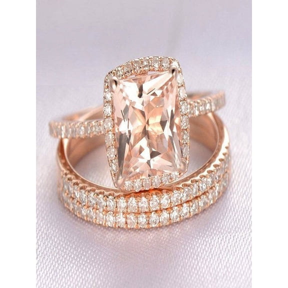 2 carat Morganite and Diamond Trio Wedding Bridal Ring Set in 10k Rose Gold with One Engagement Ring and 2 Wedding Bands