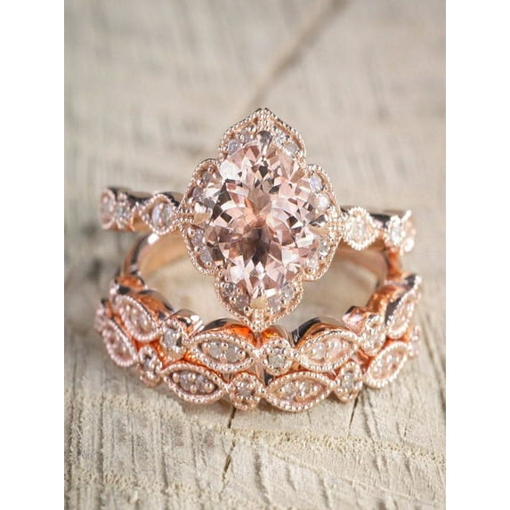 2 carat Morganite and Diamond Trio Wedding Bridal Ring Set in 10k Rose Gold with One Engagement Ring and 2 Wedding Bands